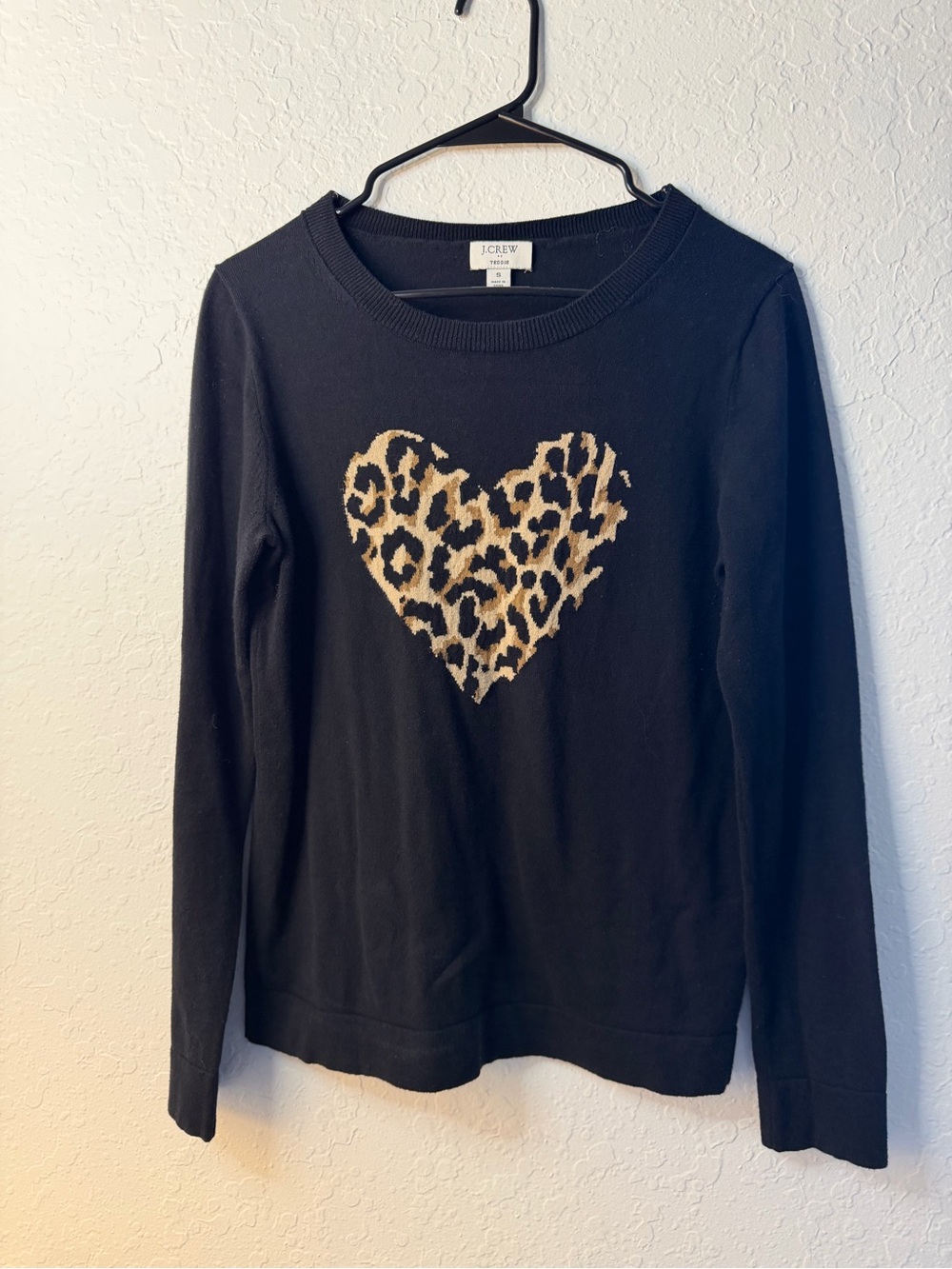J.Crew Teddie Sweater Black Leopard Heart Intarsia Knit Crewneck Size Small